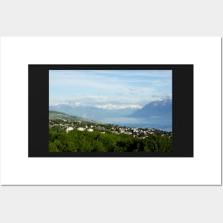 Lake Geneva and mountains in Lausanne, Switzerland Posters and Art